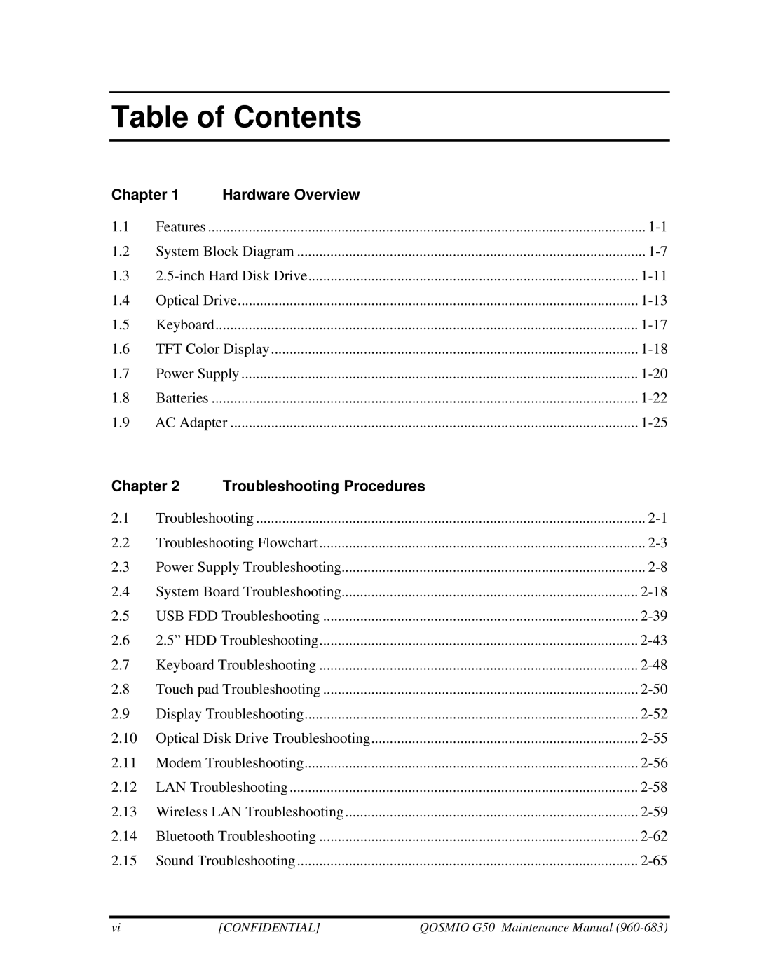 Toshiba G50 manual Table of Contents 