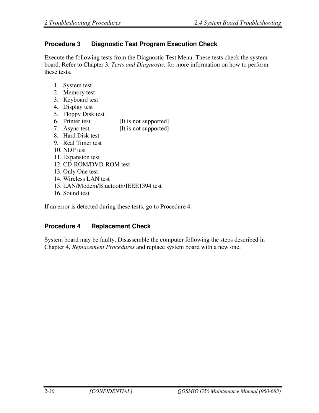 Toshiba G50 manual Procedure 3 Diagnostic Test Program Execution Check, Procedure 4 Replacement Check 