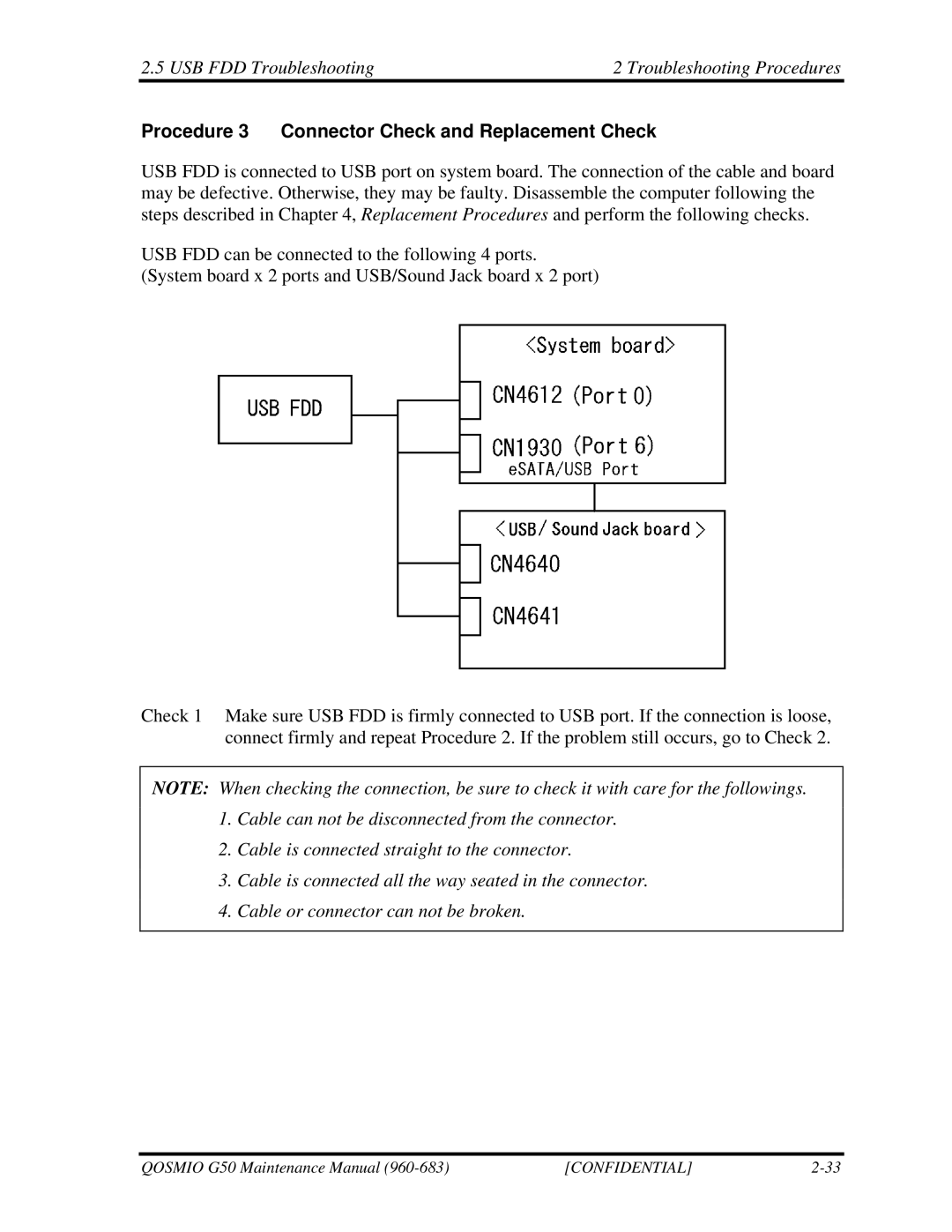 Toshiba G50 manual Procedure 3 Connector Check and Replacement Check 