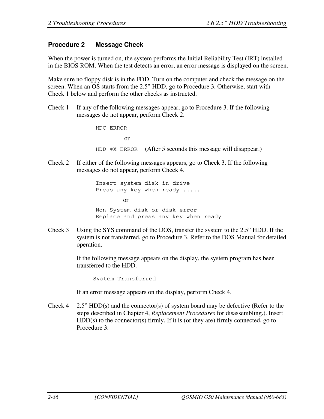 Toshiba G50 manual Troubleshooting Procedures 2.5 HDD Troubleshooting, Procedure 2 Message Check 