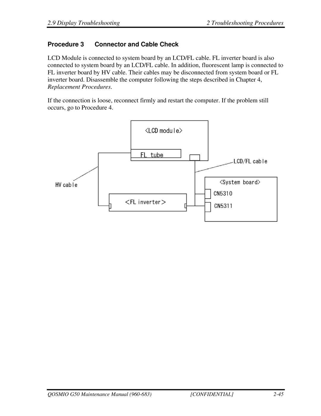 Toshiba G50 manual Display Troubleshooting Troubleshooting Procedures, Procedure 3 Connector and Cable Check 
