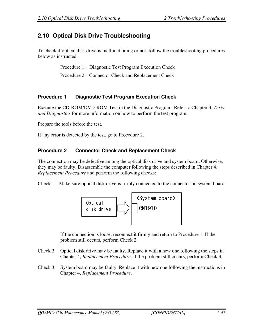 Toshiba G50 manual Optical Disk Drive Troubleshooting, Procedure 1 Diagnostic Test Program Execution Check 