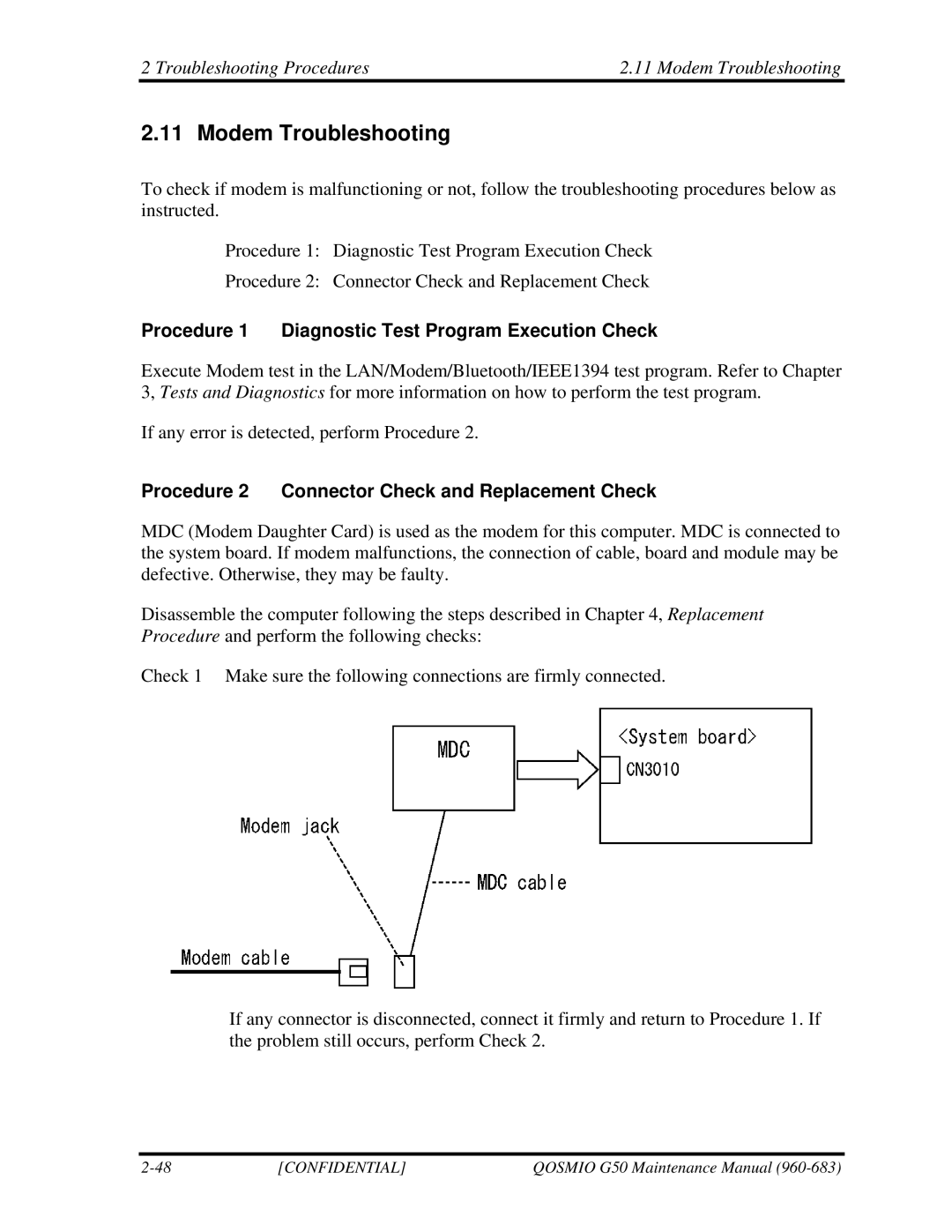 Toshiba G50 manual Troubleshooting Procedures Modem Troubleshooting 