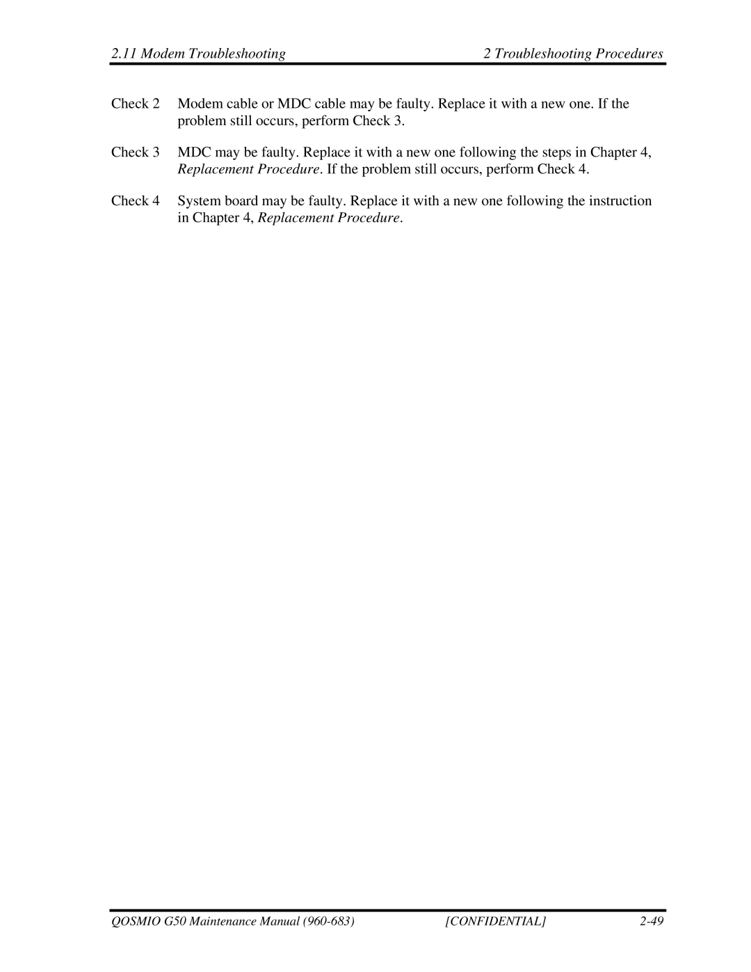 Toshiba G50 manual Modem Troubleshooting Troubleshooting Procedures 