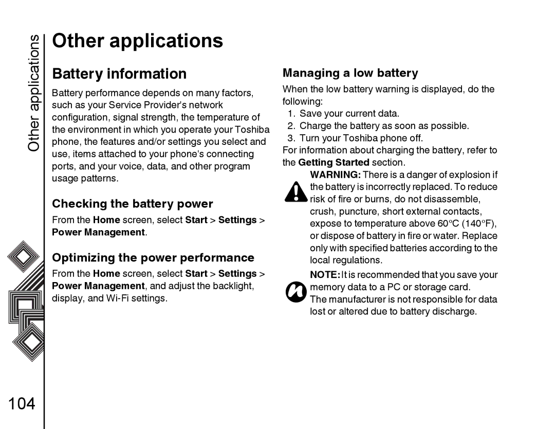 Toshiba G500 manual Other applications, Battery information, Power Management 