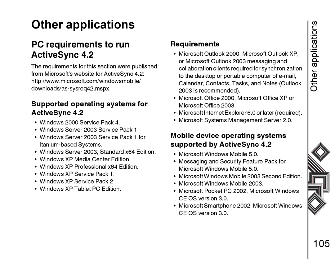 Toshiba G500 manual PC requirements to run ActiveSync, Supported operating systems for ActiveSync, Requirements 