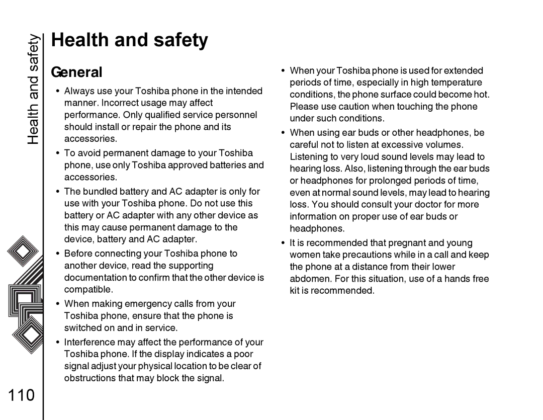 Toshiba G500 manual Health and safety, General, Obstructions that may block the signal 