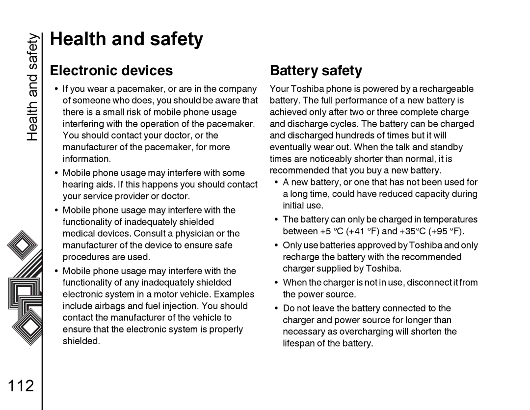 Toshiba G500 manual Electronic devices, Battery safety 