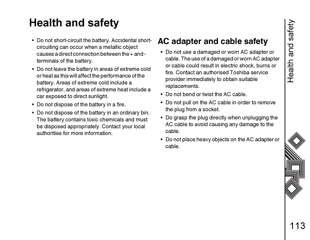 Toshiba G500 manual AC adapter and cable safety, Do not use a damaged or worn AC adapter or 