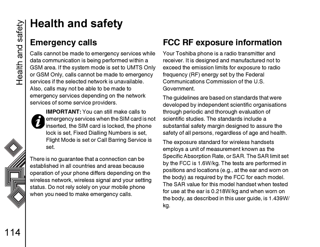 Toshiba G500 manual Emergency calls, FCC RF exposure information 