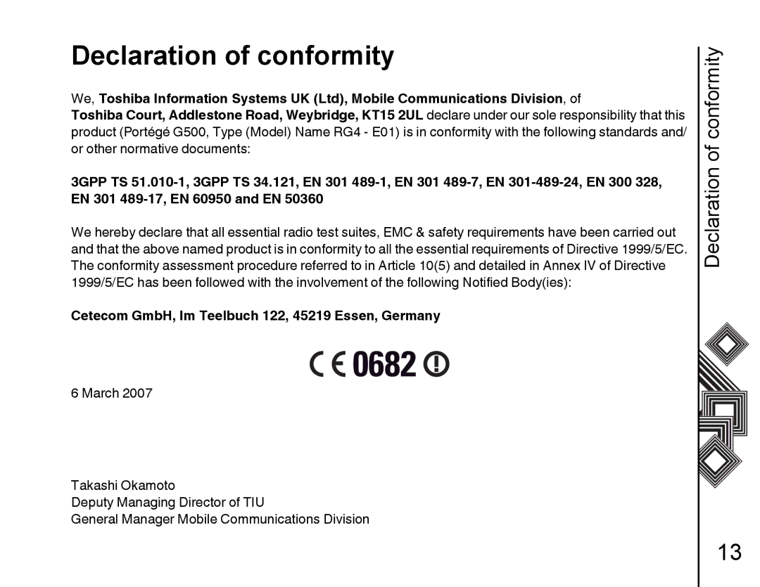 Toshiba G500 manual Declaration of conformity, Conformity 