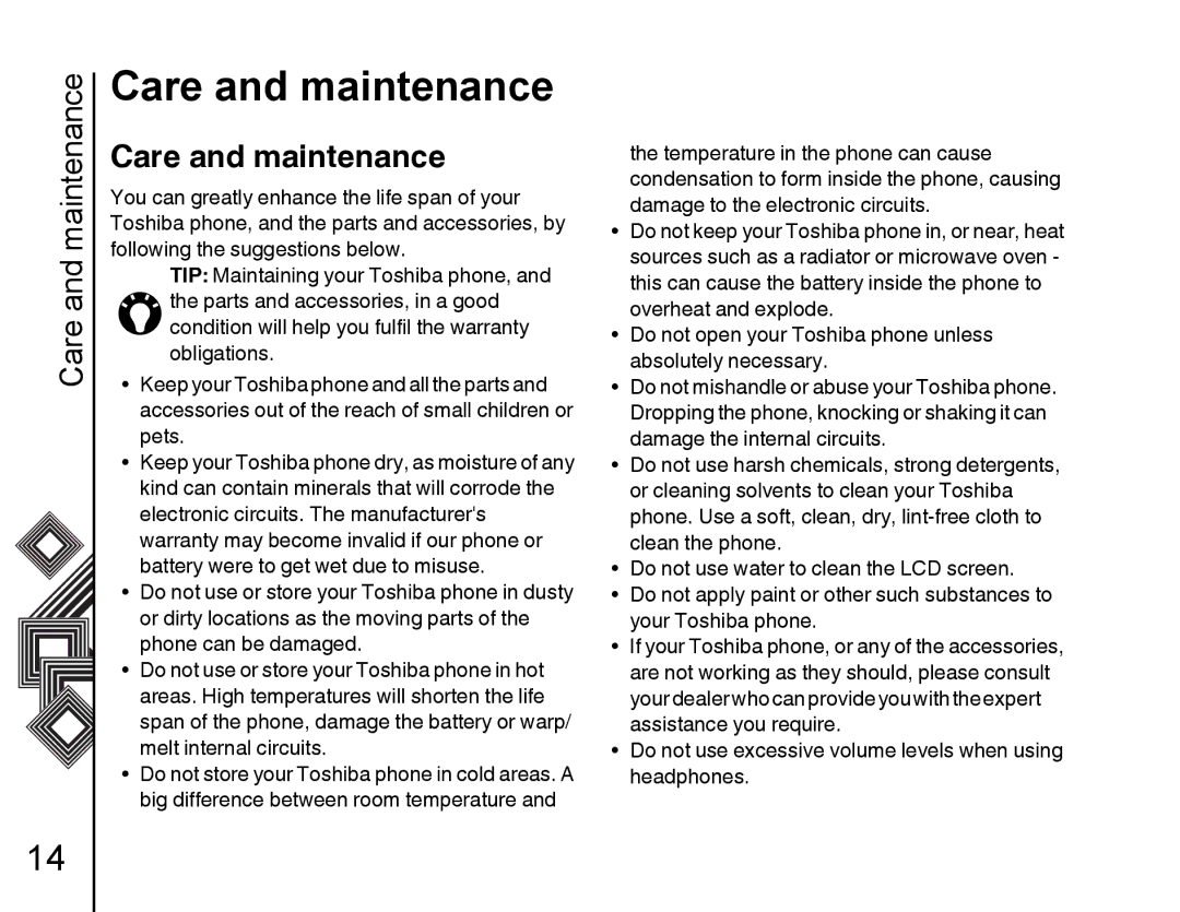 Toshiba G500 manual Care and maintenance 