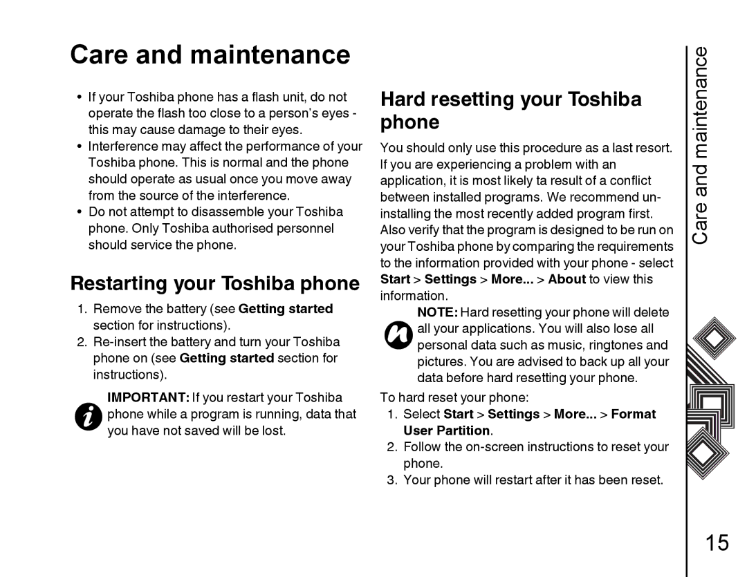 Toshiba G500 Restarting your Toshiba phone, Hard resetting your Toshiba Phone, Start Settings More... About to view this 