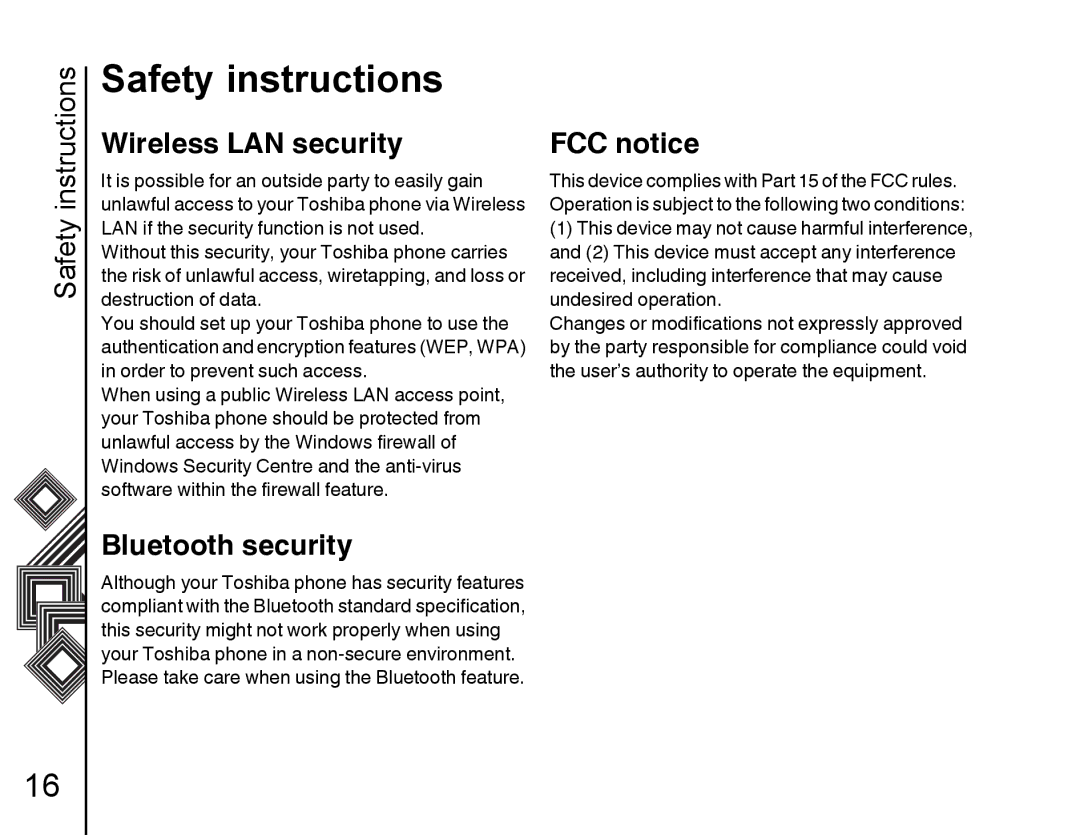 Toshiba G500 manual Safety instructions, Wireless LAN security, Bluetooth security, FCC notice 