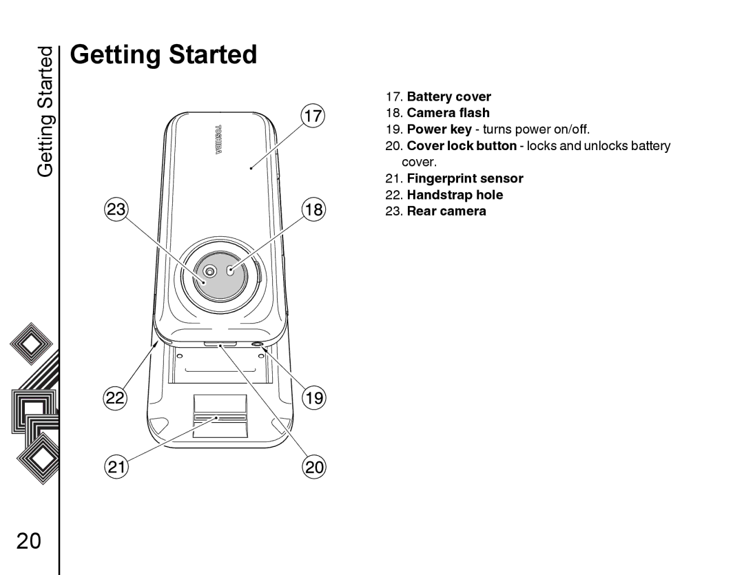 Toshiba G500 manual Battery cover Camera flash, Fingerprint sensor Handstrap hole Rear camera 