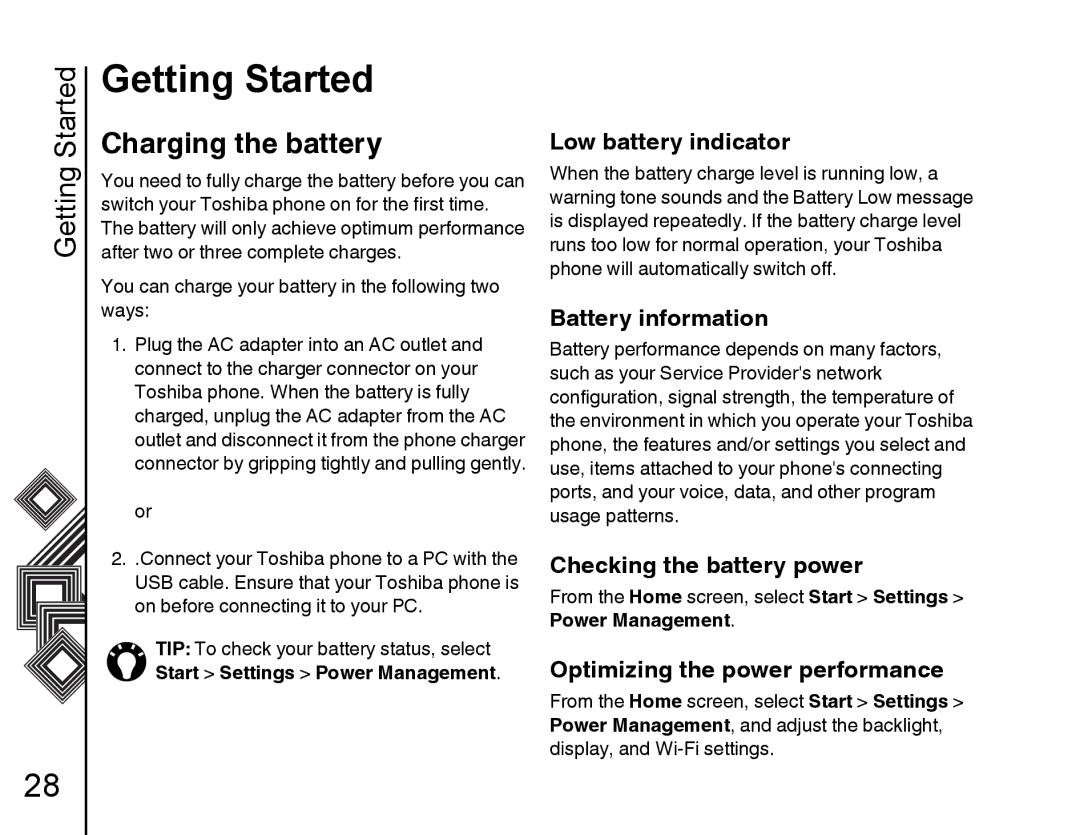 Toshiba G500 manual Charging the battery, Low battery indicator, Battery information, Checking the battery power 