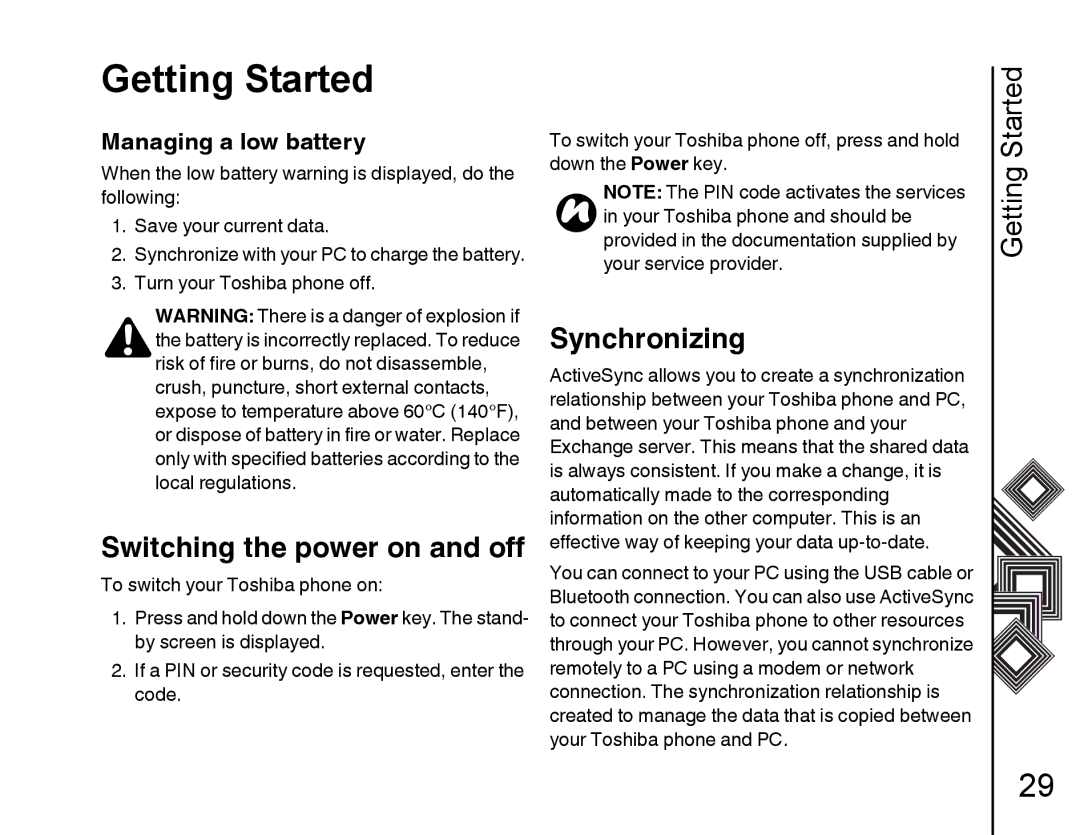 Toshiba G500 manual Switching the power on and off, Synchronizing, Managing a low battery 