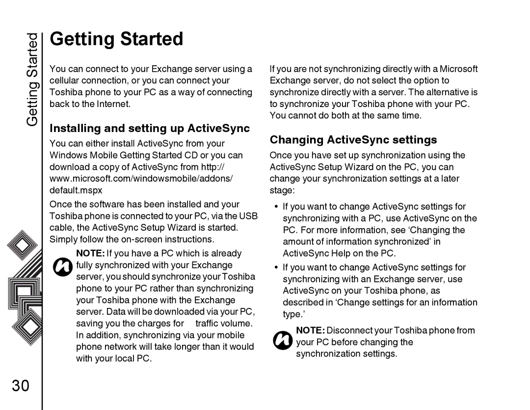 Toshiba G500 manual Installing and setting up ActiveSync, Changing ActiveSync settings 