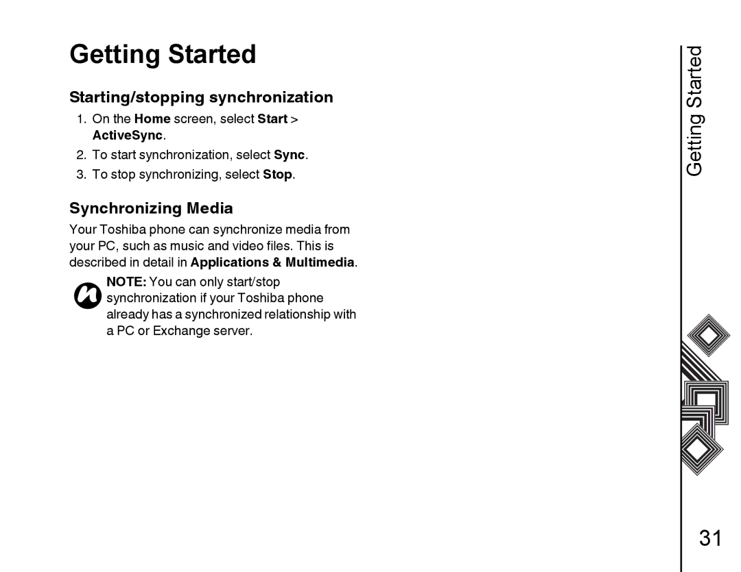 Toshiba G500 manual Starting/stopping synchronization, Synchronizing Media, On the Home screen, select Start, ActiveSync 