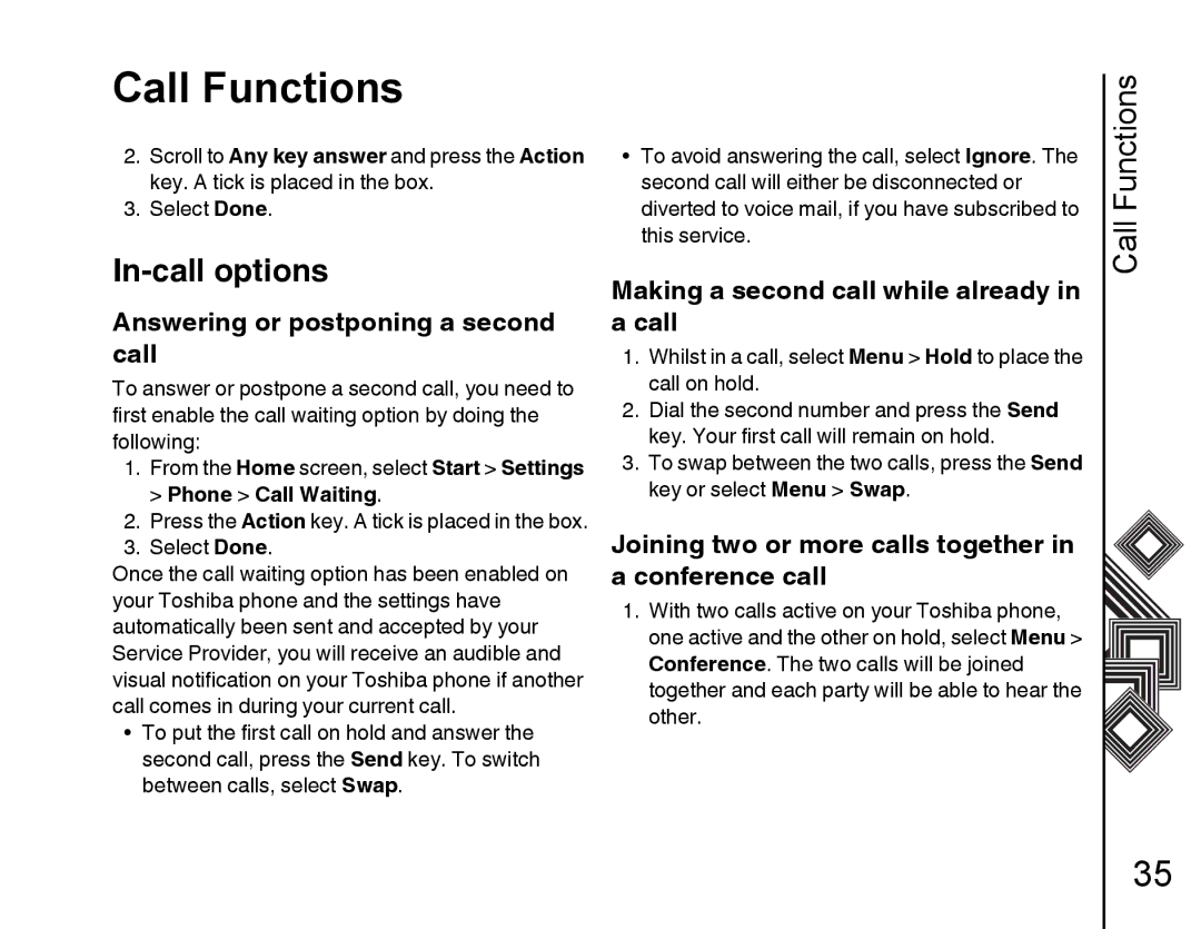 Toshiba G500 manual In-call options, Answering or postponing a second call, Making a second call while already, Call 