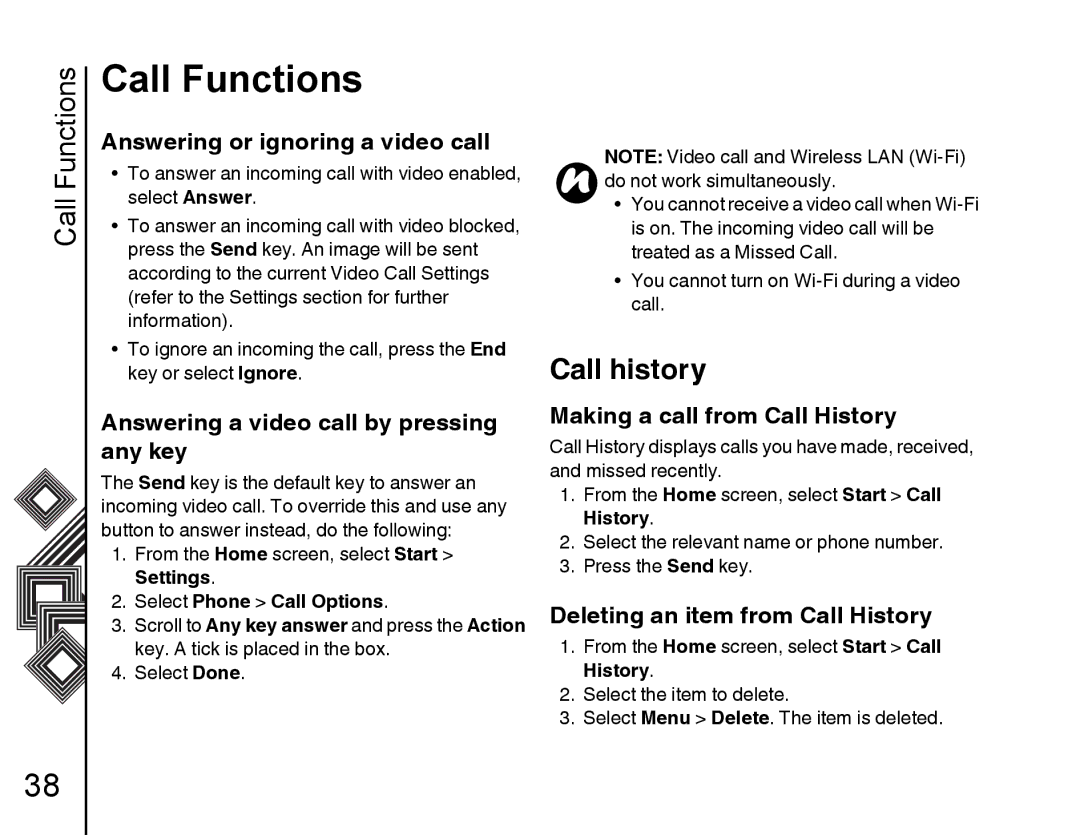 Toshiba G500 manual Call history, Answering or ignoring a video call, Answering a video call by pressing, Any key 