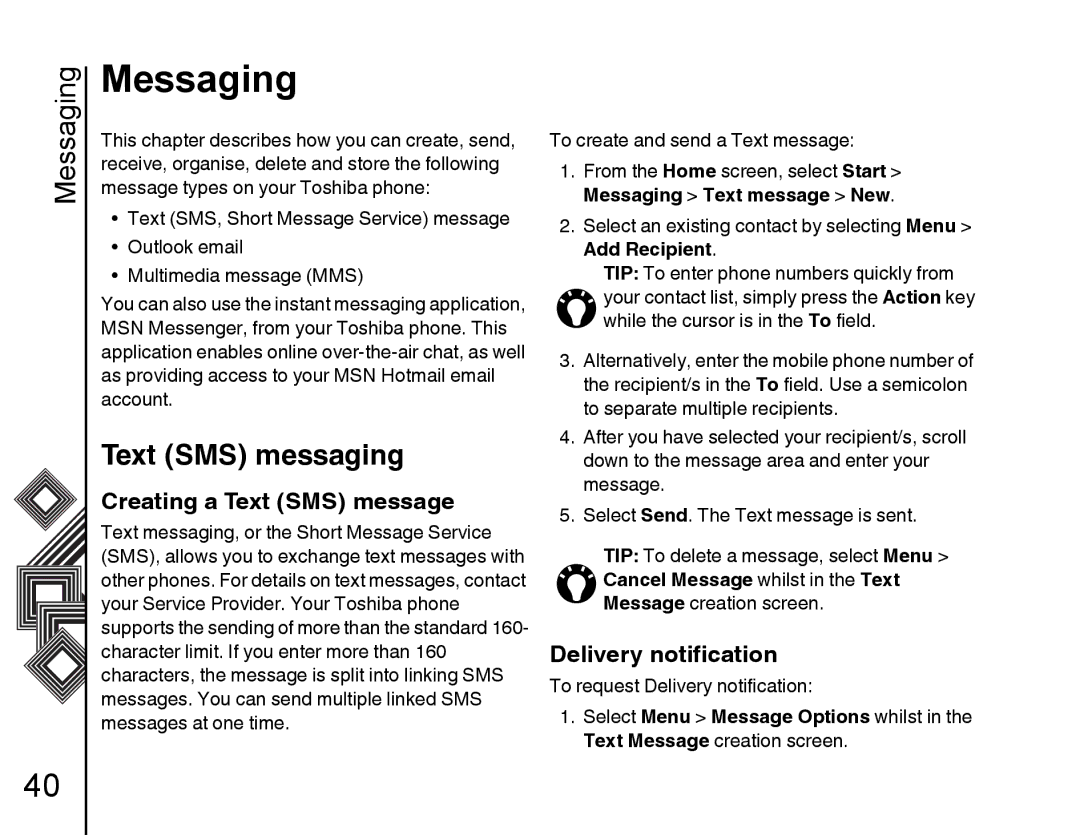 Toshiba G500 manual Messaging, Text SMS messaging, Creating a Text SMS message, Delivery notification 