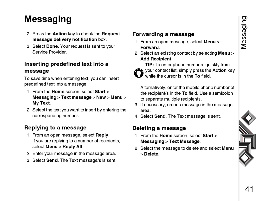 Toshiba G500 Inserting predefined text into a message, Replying to a message, Forwarding a message, Deleting a message 