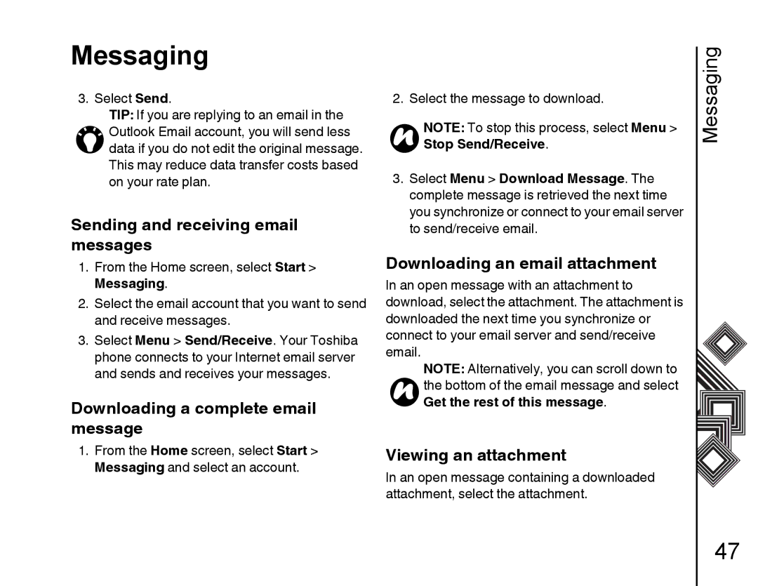 Toshiba G500 Sending and receiving email messages, Downloading a complete email message, Downloading an email attachment 