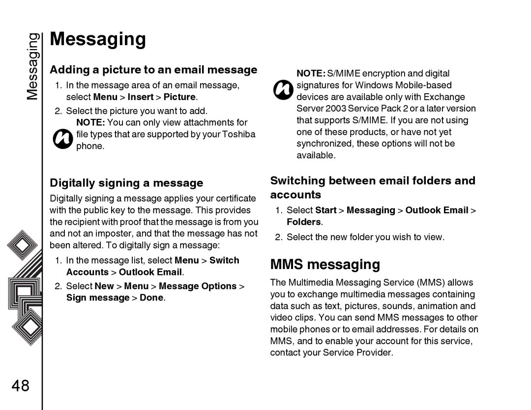 Toshiba G500 manual MMS messaging, Adding a picture to an email message, Digitally signing a message 