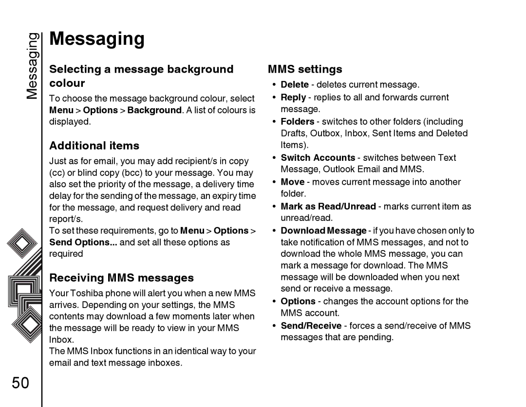 Toshiba G500 manual Selecting a message background, Colour, Additional items, Receiving MMS messages, MMS settings 