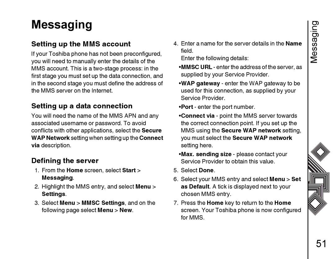 Toshiba G500 manual Setting up the MMS account, Setting up a data connection, Defining the server 