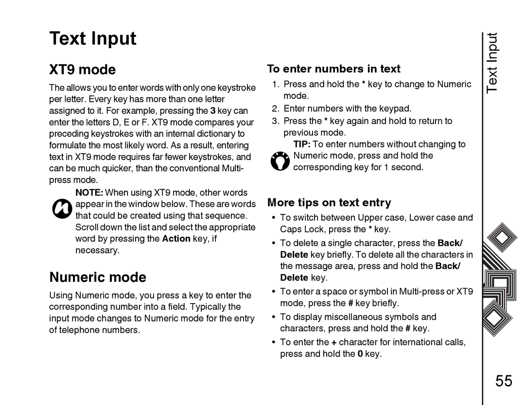 Toshiba G500 manual XT9 mode, Numeric mode, To enter numbers in text, More tips on text entry, Delete key 