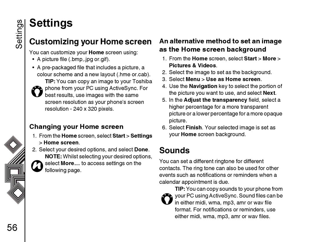 Toshiba G500 manual Settings, Sounds, Changing your Home screen, Select Menu Use as Home screen 