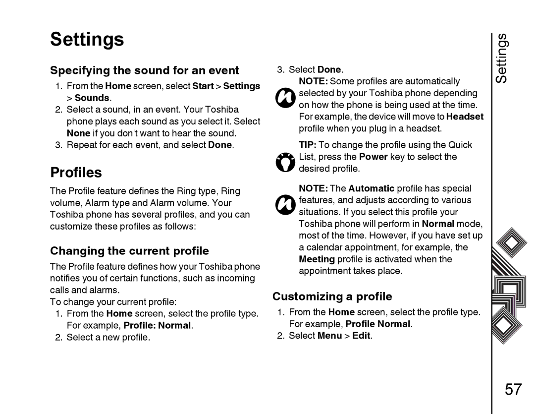 Toshiba G500 manual Profiles, Specifying the sound for an event, Changing the current profile, Customizing a profile 