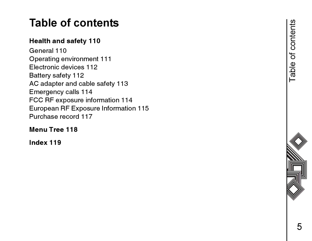 Toshiba G500 manual Health and safety, Menu Tree Index 