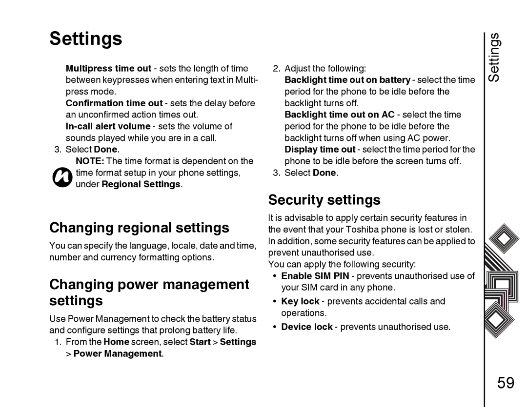 Toshiba G500 Changing regional settings, Changing power management settings, Security settings, Under Regional Settings 