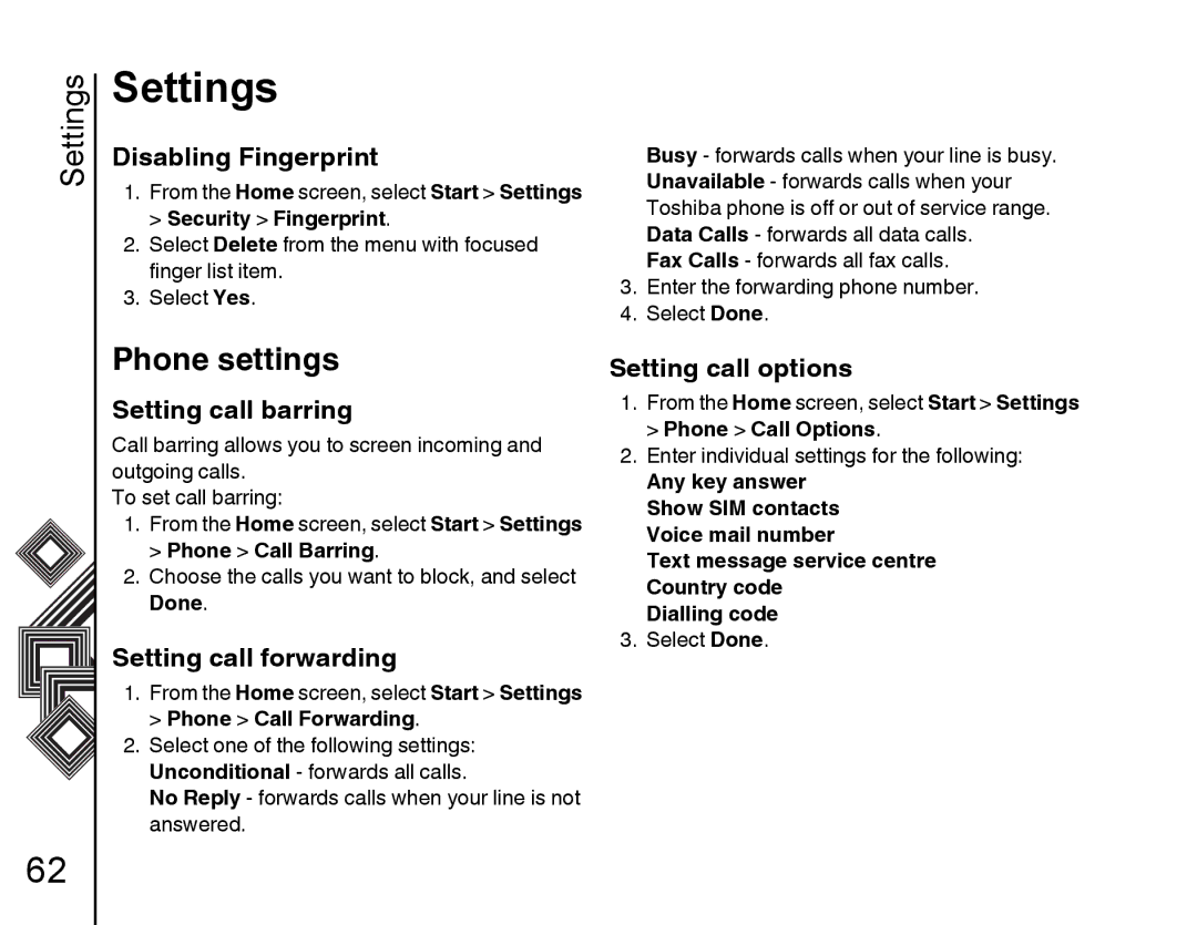 Toshiba G500 Phone settings, Disabling Fingerprint, Setting call barring, Setting call forwarding, Setting call options 