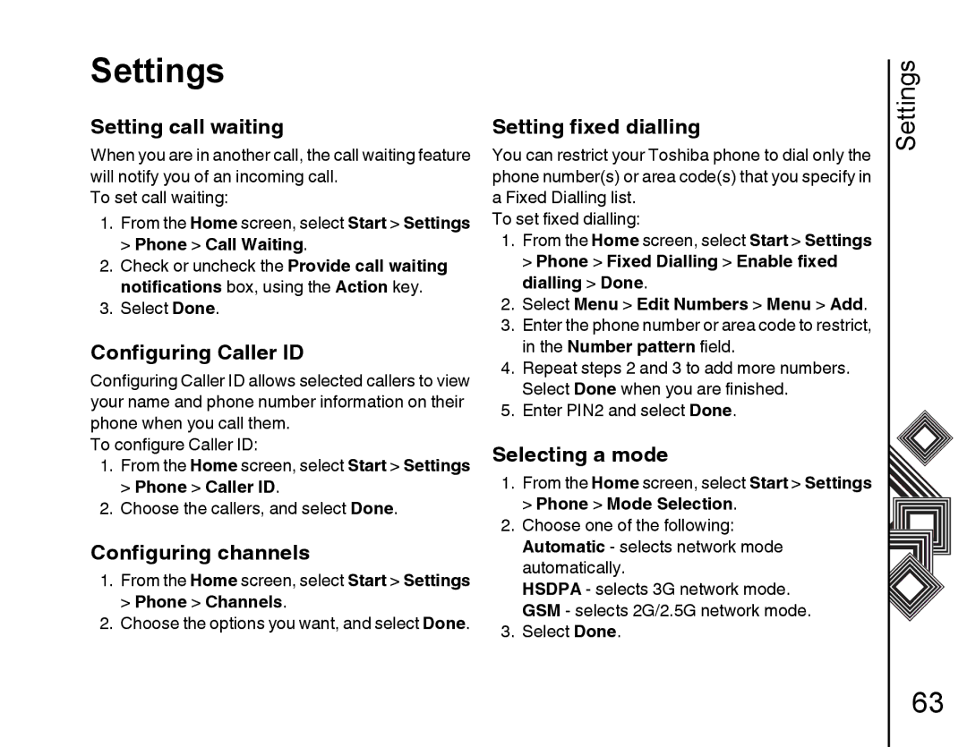 Toshiba G500 Setting call waiting, Configuring Caller ID, Configuring channels, Setting fixed dialling, Selecting a mode 