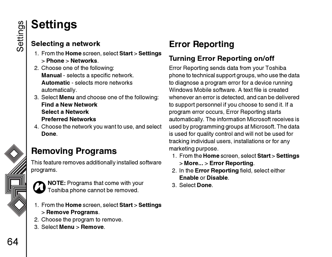 Toshiba G500 manual Removing Programs, Selecting a network, Turning Error Reporting on/off 