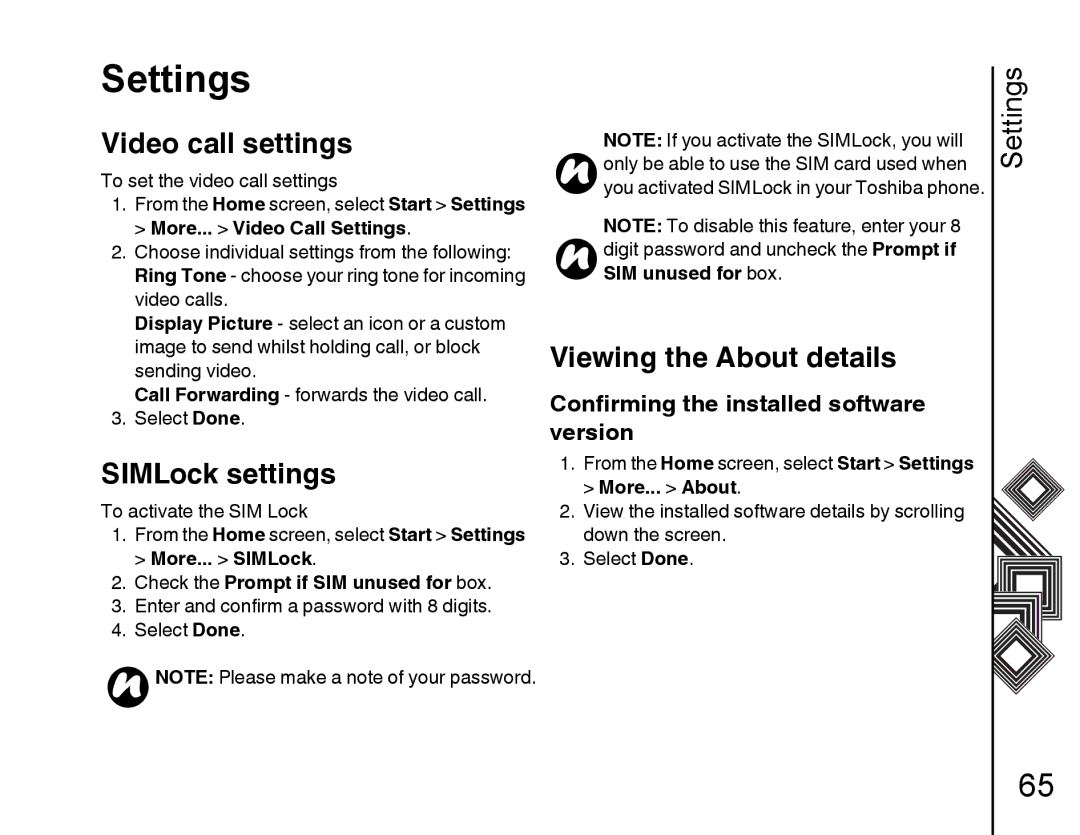 Toshiba G500 Video call settings, SIMLock settings, Viewing the About details, Confirming the installed software Version 