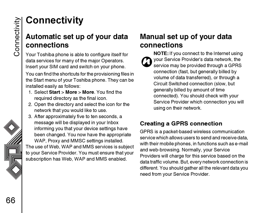 Toshiba G500 manual Connectivity, Automatic set up of your data, Connections, Manual set up of your data connections 