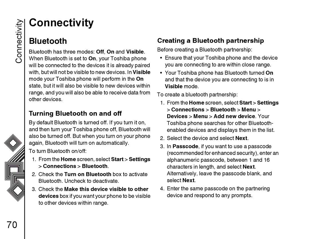 Toshiba G500 manual Turning Bluetooth on and off, Creating a Bluetooth partnership, Connections Bluetooth 