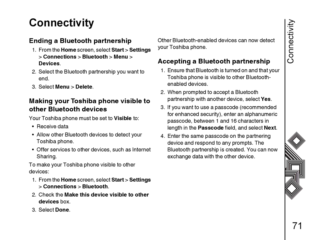 Toshiba G500 manual Ending a Bluetooth partnership, Accepting a Bluetooth partnership, Select Menu Delete 