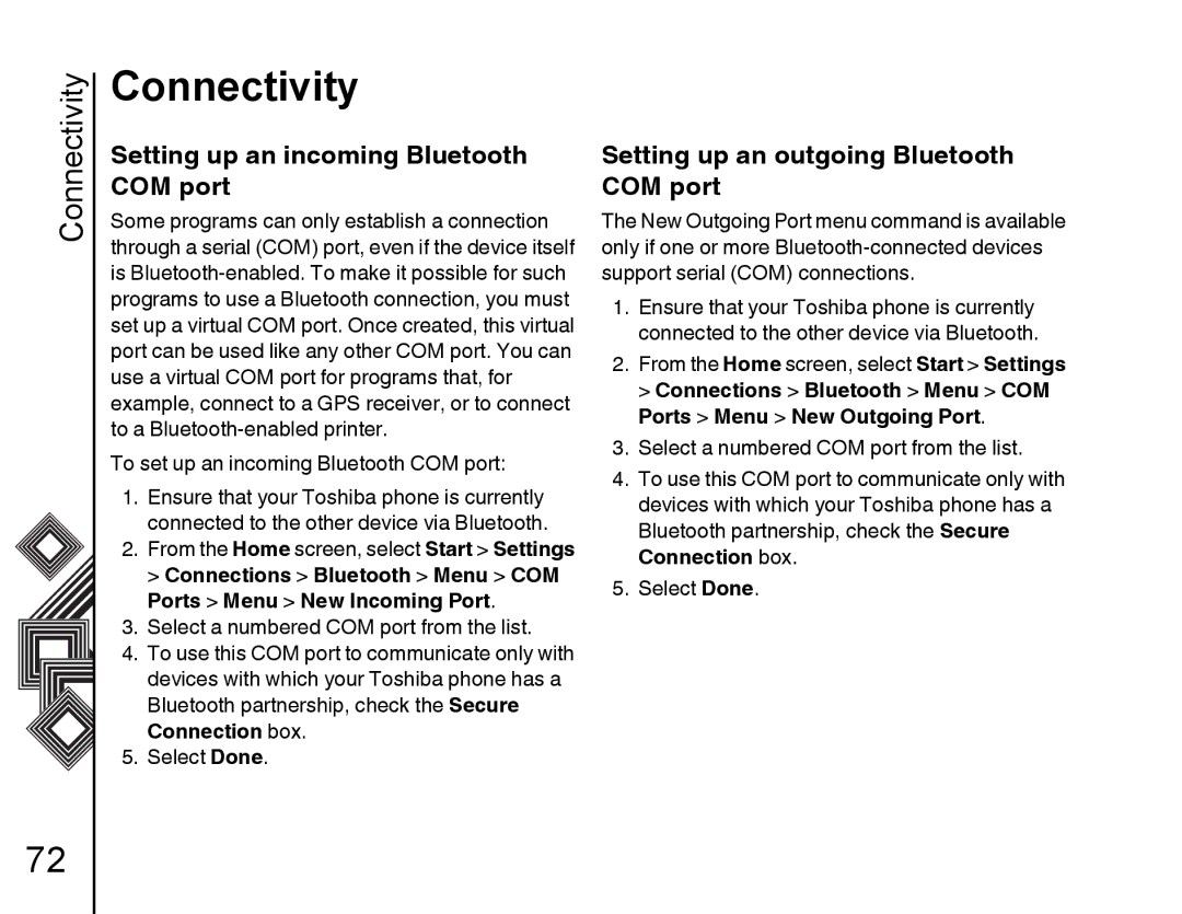 Toshiba G500 Setting up an incoming Bluetooth, Setting up an outgoing Bluetooth COM port, Ports Menu New Incoming Port 