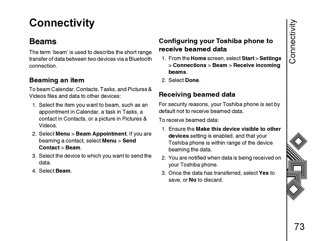 Toshiba G500 manual Beams, Beaming an item, Configuring your Toshiba phone to Receive beamed data, Receiving beamed data 