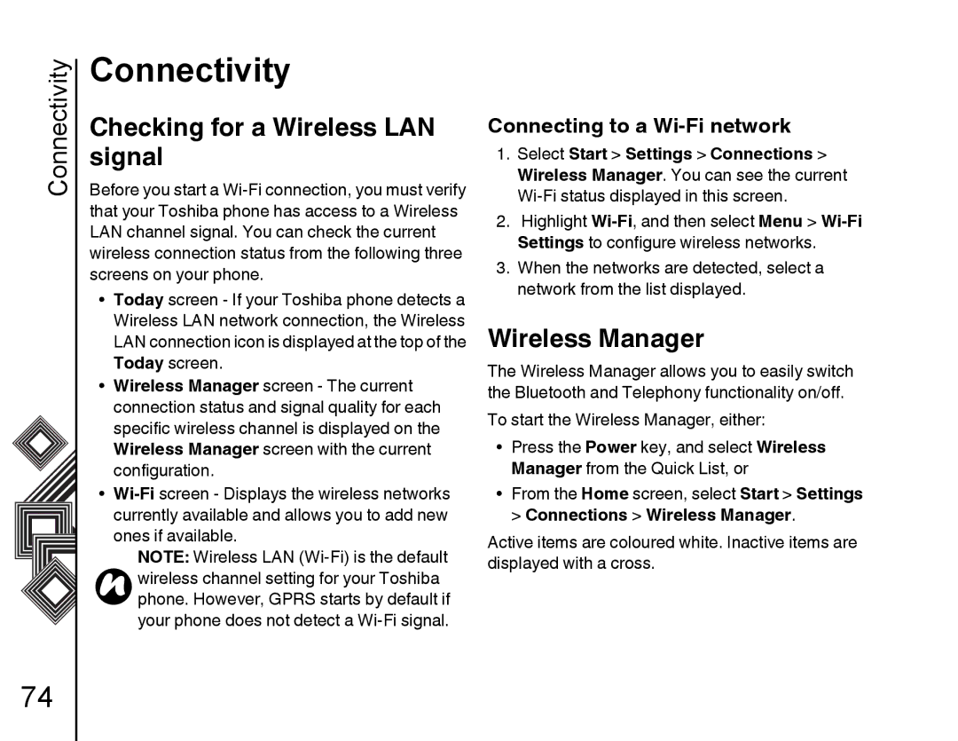 Toshiba G500 manual Checking for a Wireless LAN, Signal, Wireless Manager, Connecting to a Wi-Fi network 