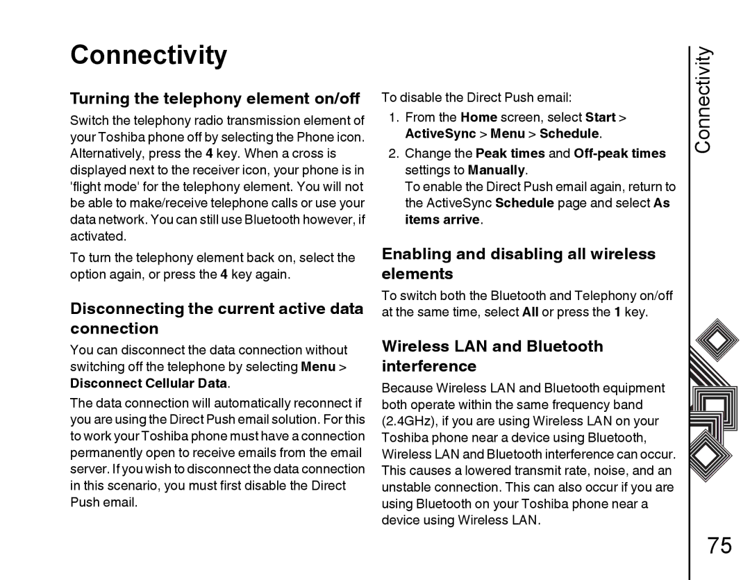 Toshiba G500 manual Turning the telephony element on/off, Disconnecting the current active data connection, Items arrive 