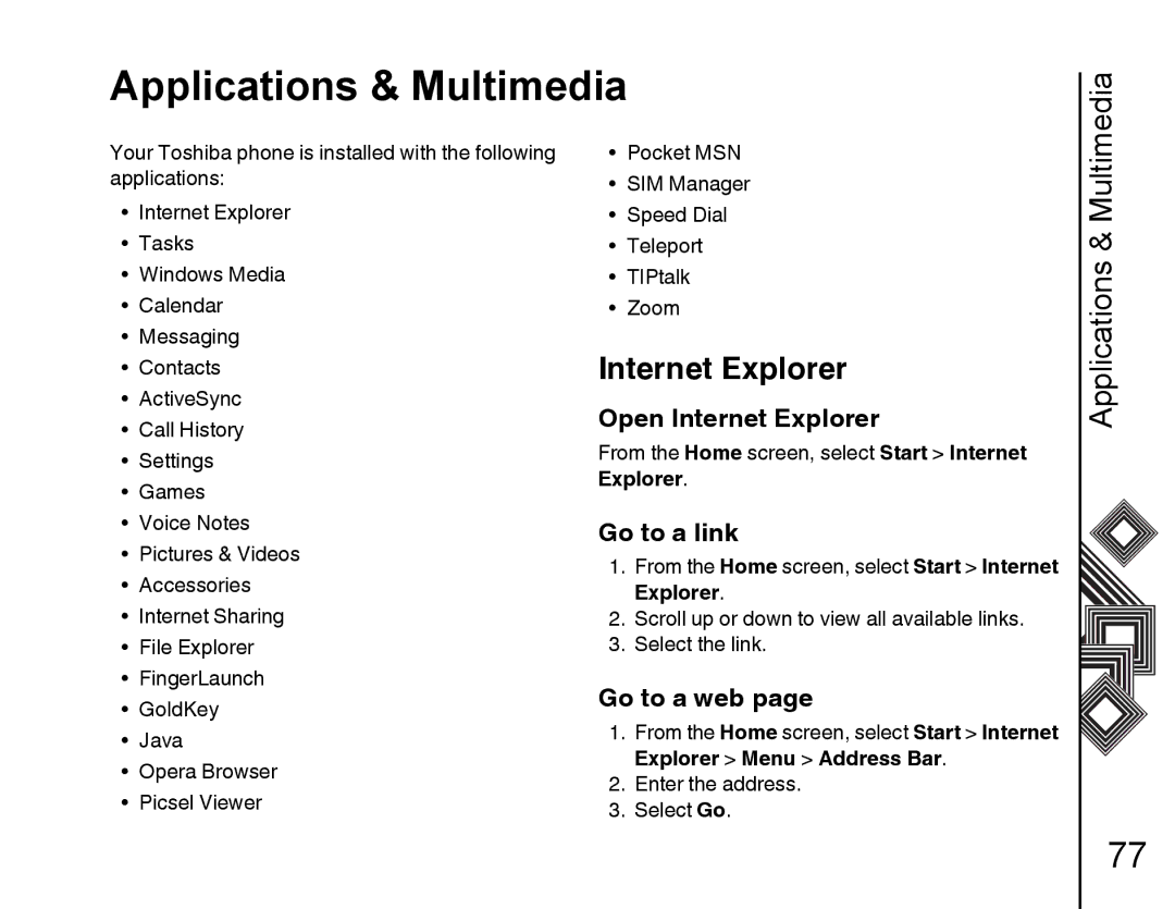 Toshiba G500 manual Applications & Multimedia, Open Internet Explorer, Go to a link, Go to a web 