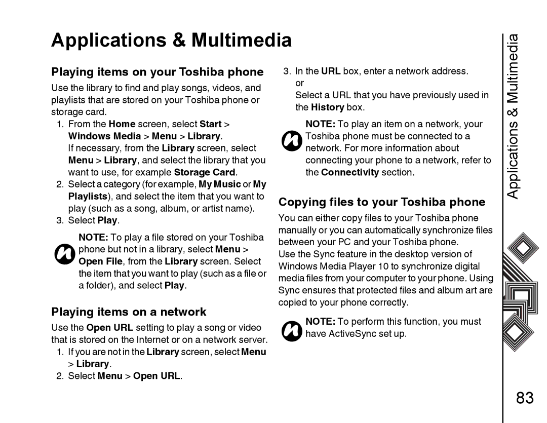Toshiba G500 manual Playing items on your Toshiba phone, Copying files to your Toshiba phone, Playing items on a network 