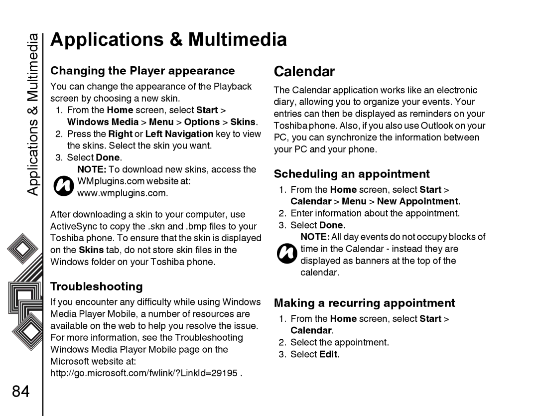 Toshiba G500 manual Calendar, Changing the Player appearance, Scheduling an appointment, Making a recurring appointment 